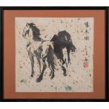 A Chinese painting, signed Ye Zuiibai: depicting two fine wild horses on gold flecked paper,