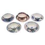 A group of three First Period Worcester blue and white teabowls and saucers and two Liverpool [John