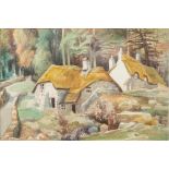 * Edward Bouverie-Hoyton [1900-1988]- Village scene with thatched cottages on the edge of a wood,