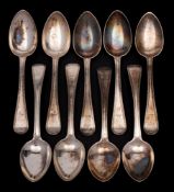 A set of nine George IV silver Old English & Thread pattern dessert spoons, maker Jonathan Hayne,