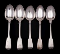 Five matched George III and later silver fiddle pattern dessert spoons, various makers and dates:,