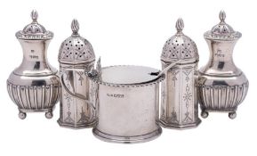 A mixed lot of silver condiments: including a pair of Victorian silver pepperettes,