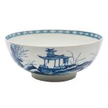 A First Period Worcester blue and white bowl: painted in 'The Precipice' pattern,