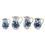 A group of four First Period Worcester blue and white sparrow beak cream jugs: one painted in 'The