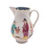 A First Period Worcester sparrow beak cream jug: of baluster form with lobed rim and grooved strap