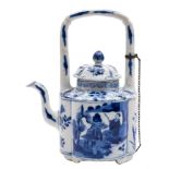 A Chinese blue and white wine pot and cover: of quatrelobed form with overhead handle and slender