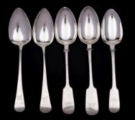 WITHDRAWN A collection of five assorted Georgian and later silver tablespoons,
