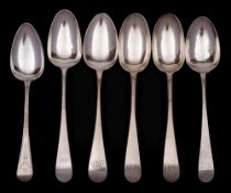 A collection of six assorted Georgian silver Old English pattern tablespoons,