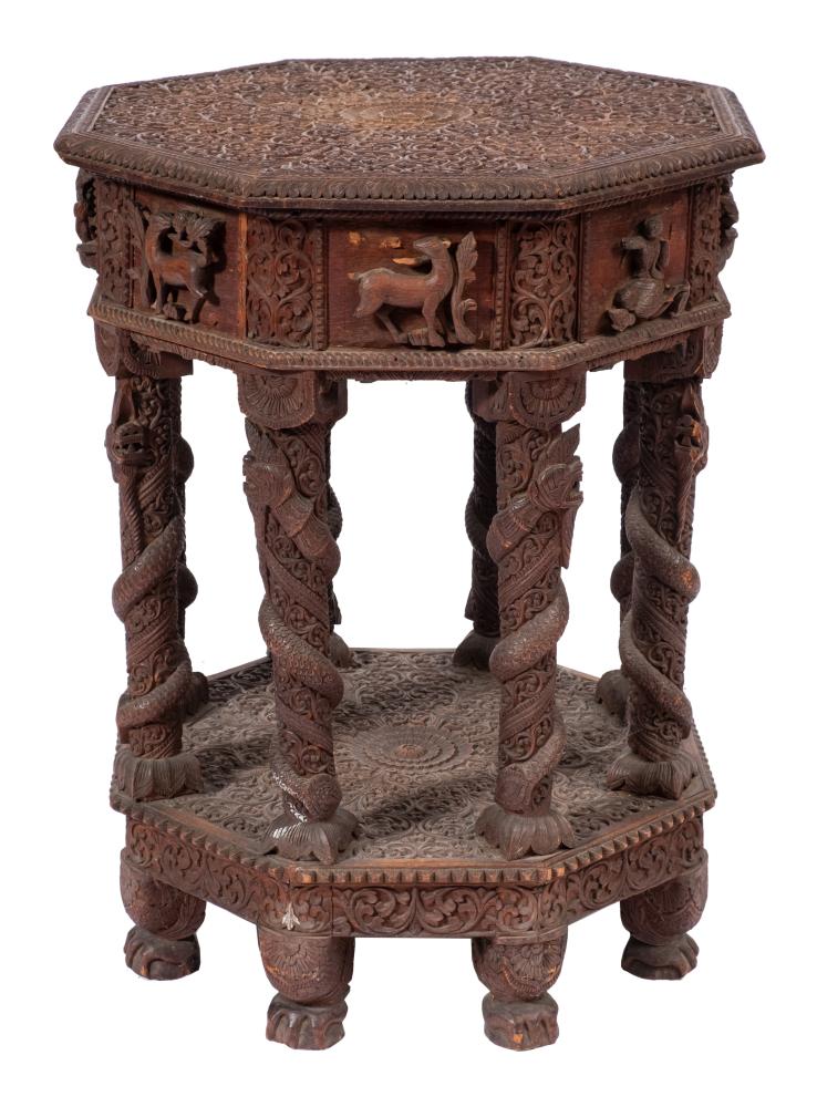 A 19th Century Indian carved hardwood octagonal centre table:,