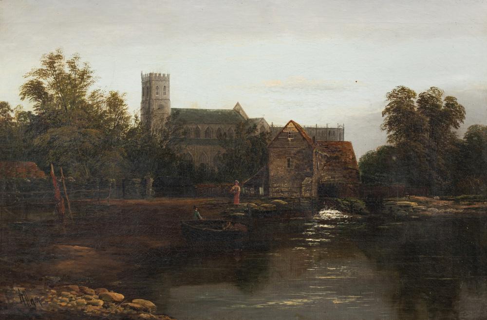 Richard Allam [19th Century] - Grand church beside a river with mill house,