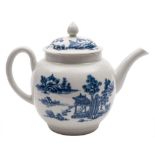 A First Period Worcester blue and white teapot and cover: of globular form with pointed finial and