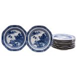 A set of twelve Chinese blue and white plates: of rounded octagonal form,