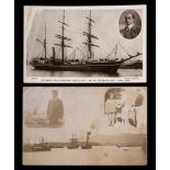 A photographic postcard of the Terra Nova in Port: with vignettes of an officer with a dog and