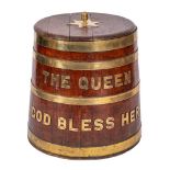 An Elizabeth II Royal Navy rum barrel: the circular cover with a gilt brass acorn finial on a six