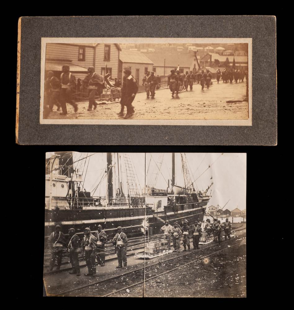 Two photographs of members of The British Antarctic Expedition in winter gear and pulling packed