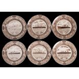 A set of six Masons ironstone Ocean Liner plates: with brown glaze ship portraits within a themed