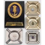 Four Royal Navy silver plated ashtrays: including one made with metal from HMS Revenge,