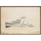 A watercolour ship portrait ,HMS Woolaston: at speed on a swell, title in red lower left corner,