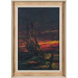 Michael J Whitehand (b1941-): 'Boat in the Sunset, 1970', oil on board, 44 x 29cm.