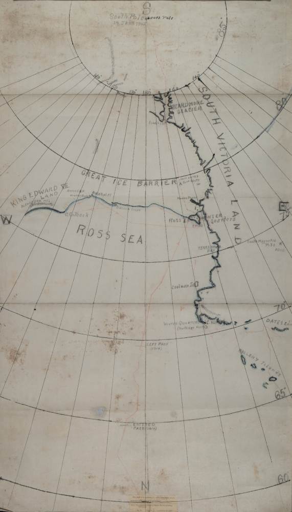 A hand drawn and annotated map of the South Pole (unknown cartographer) showing the Scott &