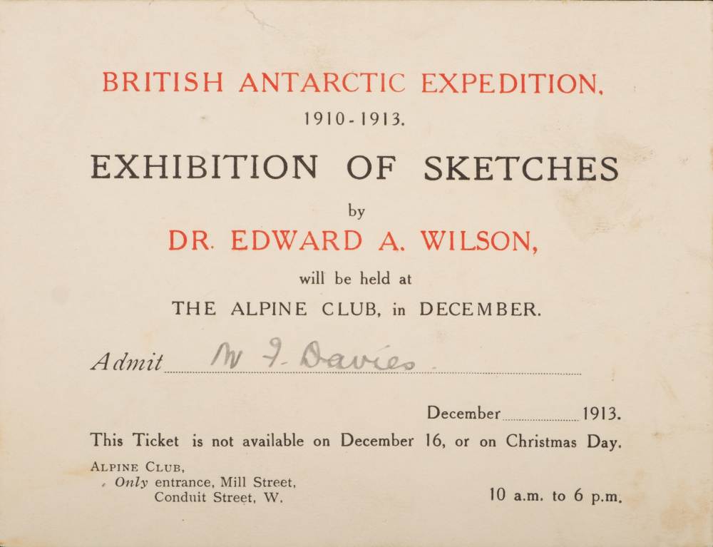 A small printed card invitation to Mr F Davies for the 'British Antarctic Expedition 1910-1913