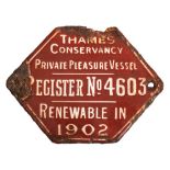 An Edwardian brown enamel Thames Conservancy Private Pleasure Vessel badge: 'No.