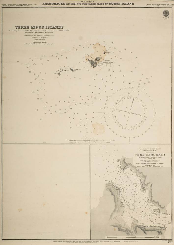 An Admiralty published chart 'Anchorages on and off the North Coast (New Zealand)': 48.5 x67cm.