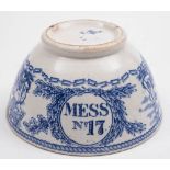 A Victorian blue and white mess bowl 'young -head' pattern: maker's mark to base and also numbered