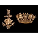 A 9ct gold Royal Naval Crown brooch, maker JWB, Birmingham, 1997: and a 9ct gold foul anchor brooch,