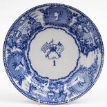 A Victorian blue and white mess plate 'young-head' pattern, No.1 with crossed flags to centre: 24.