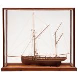 A cased scale model of the Rye fishing boat RX 153 'Three Brothers': standing and running rigged