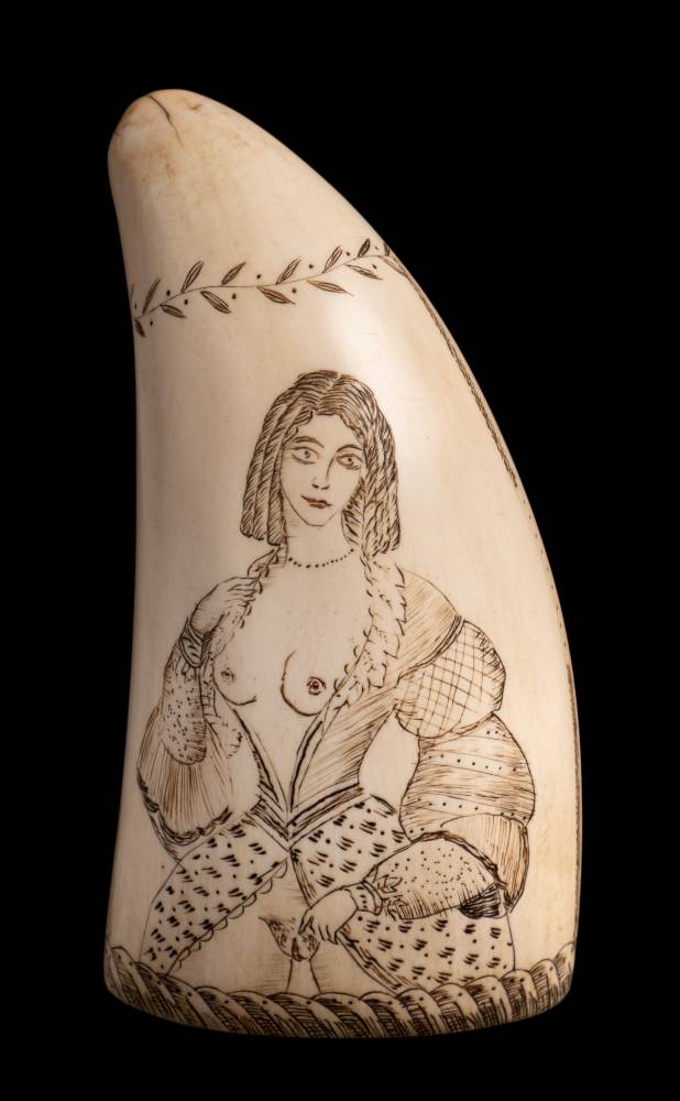An erotic scrimshaw decorated tooth:, one side with an image of a half dressed woman, - Image 2 of 2