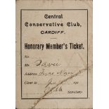 A Central Conservative Club, Cardiff Honorary membership card for Frank Davies:.
