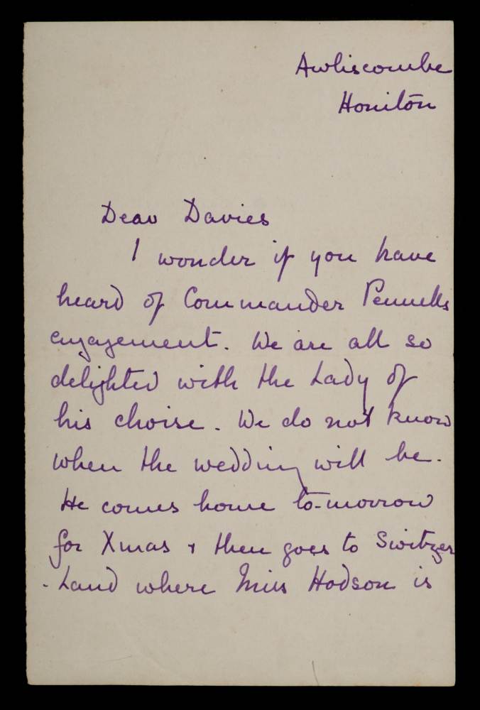 A manuscript letter from Harry Pennell's mother Winifred, to Frank Davies: from Awliscombe,