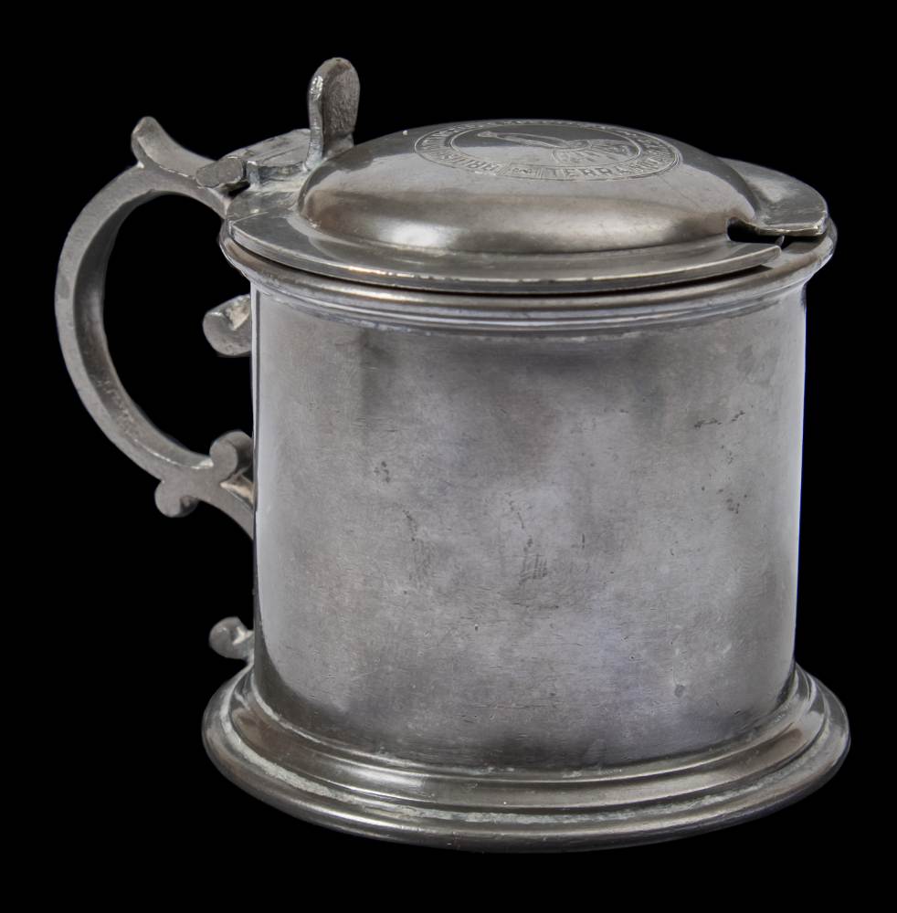 A pewter lidded drum mustard pot from RYS ' Terra Nova' British Antarctic Expedition 1910 by Walker