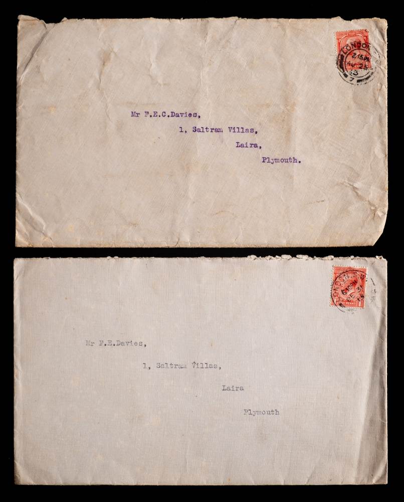 Two British Antarctic Expedition envelopes to Frank Davies dated August 1913 to the Saltram Villas