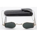 A pair of 19th century 'D' -shaped railway spectacles: with double blue tinted glass lenses and