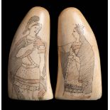 A pair of scrimshaw decorated teeth of Queen Victoria and Britannia: 13cm high