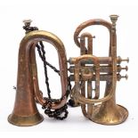 An Early 20th century brass cornet by A Hall Gisbourne, Makers to HM Forces: stamped as per title,
