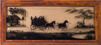 Reverse painting on glass: depicting the Coventry to Birmingham mail coach, heightened in gilt,