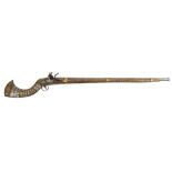 A reproduction flintlock jezail: 38 inch steel octagonal barrel with or sight and triple brass bans,