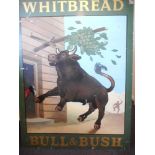 Whitbread , a double sided metal pub sign: Bull and Bush, 122 x 91cm.