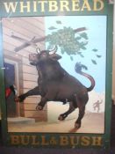 Whitbread , a double sided metal pub sign: Bull and Bush, 122 x 91cm.