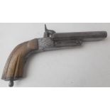 A mid 19th century double barrel pin fire pistol: with 9.