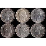 Six sixpences, better grade, 1845,72, 74, 77,