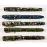A Parker Vacumatic green marble fountain pen, a Burnham No.47 green marble pen, a Conway Stewart No.