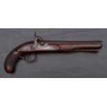 A 19th century percussion cap pistol: plain 9 inch barrel with horn tipped ramrod beneath,