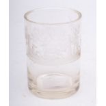A late 19th century Bohemian etched glass tumbler: one side with the initials 'JR' over verse,