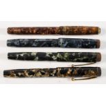 Three Mentmore Auto-Flow fountain pens with Osmi Iridium 14k gold nibs: blue/black marble,