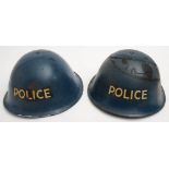 Two post War Police Mk III 'turtle' steel helmets: blue with transfer to front,